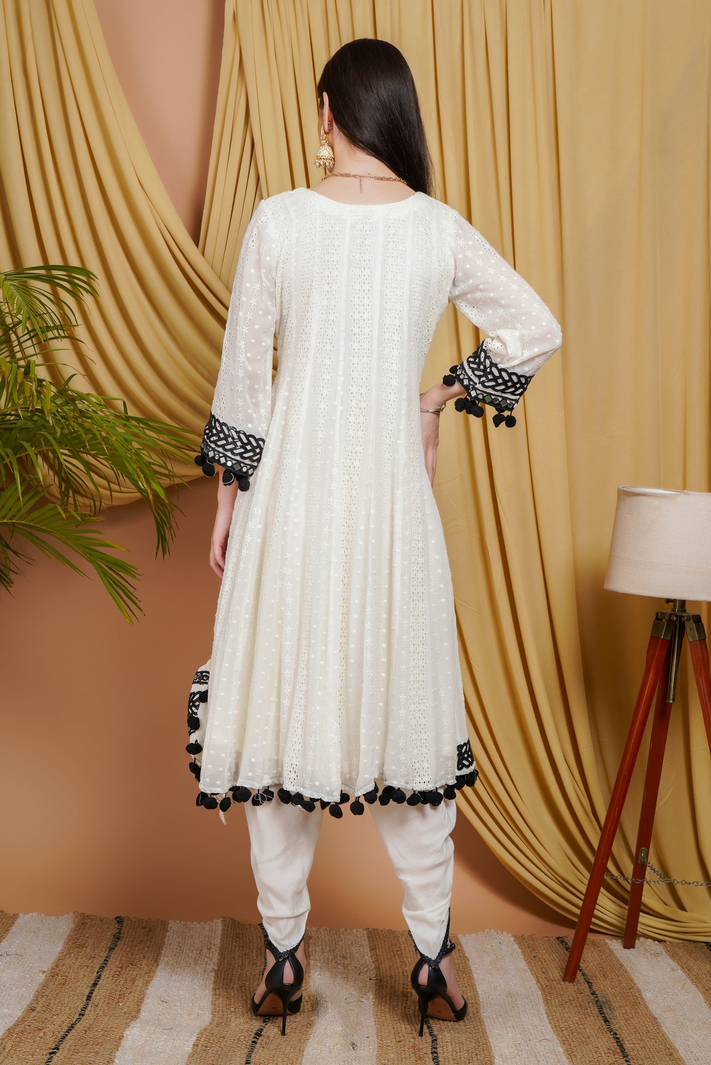 Elegant White & Black Organza Suit with Lace Detailing and Ombre Dupatta