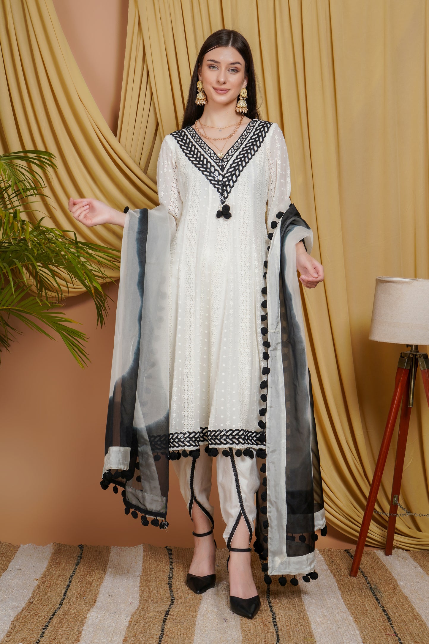 Elegant White & Black Organza Suit with Lace Detailing and Ombre Dupatta