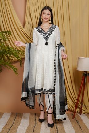 Elegant White & Black Organza Suit with Lace Detailing and Ombre Dupatta