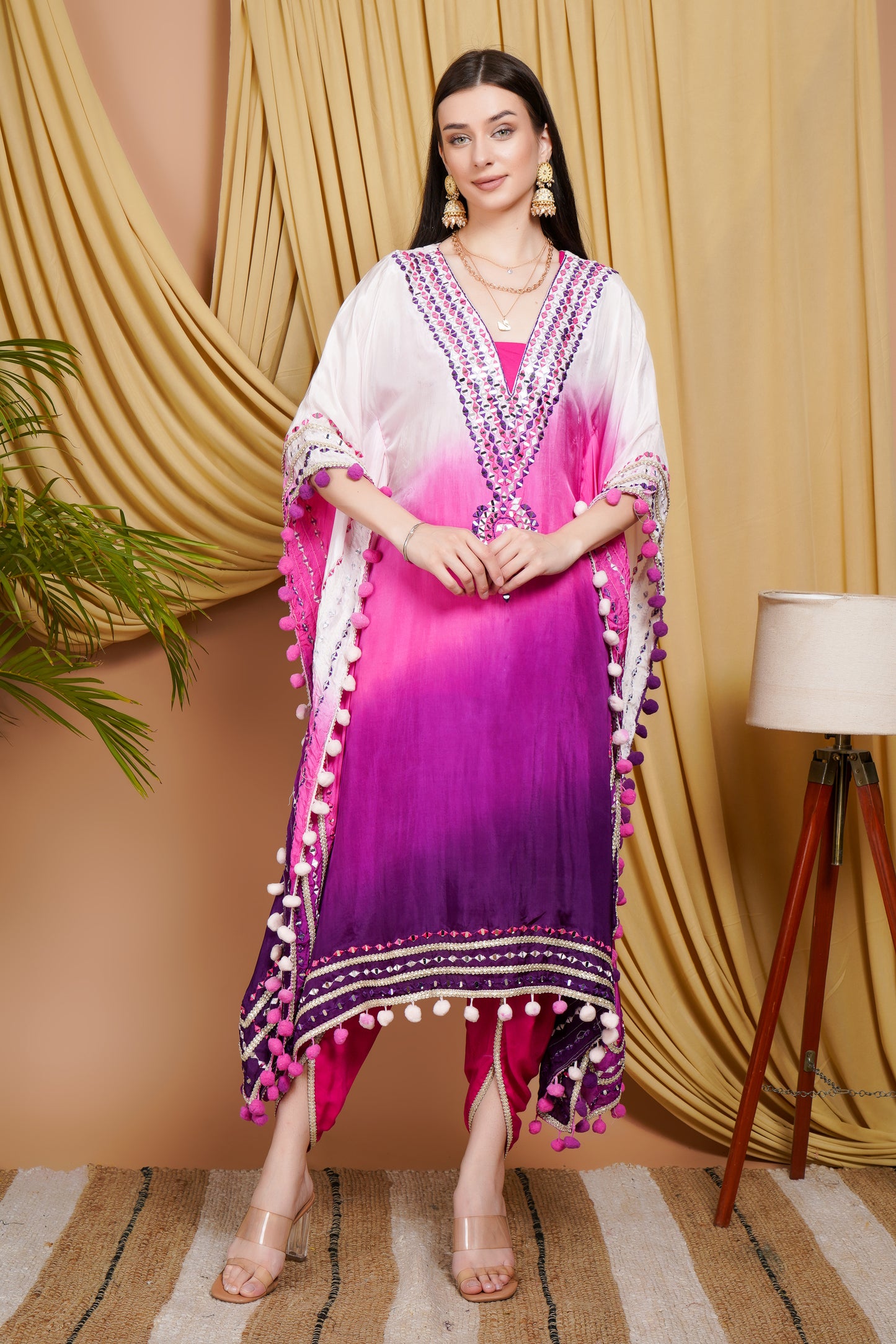 Graceful Pink & Purple Ombre Organza Kaftan Suit with Mirror Work and Pom-Pom Detailing