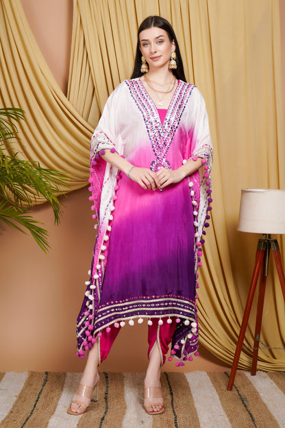 Graceful Pink & Purple Ombre Organza Kaftan Suit with Mirror Work and Pom-Pom Detailing