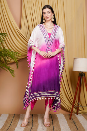 Graceful Pink & Purple Ombre Organza Kaftan Suit with Mirror Work and Pom-Pom Detailing