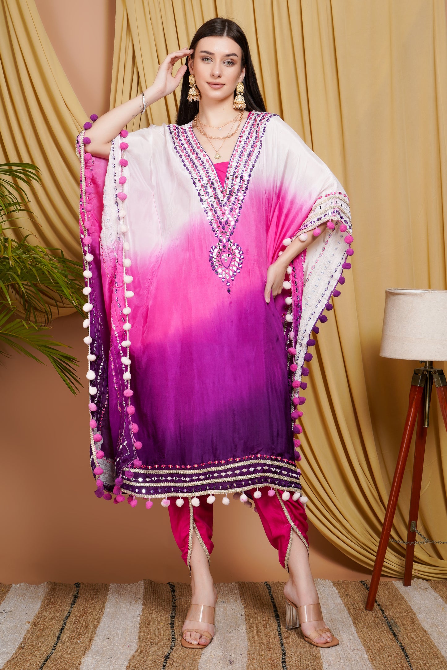 Graceful Pink & Purple Ombre Organza Kaftan Suit with Mirror Work and Pom-Pom Detailing