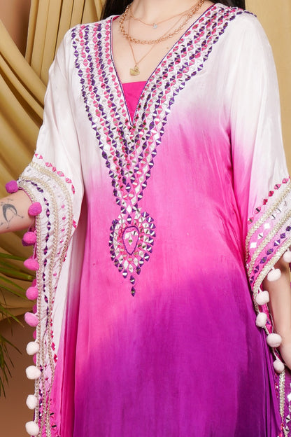 Graceful Pink & Purple Ombre Organza Kaftan Suit with Mirror Work and Pom-Pom Detailing