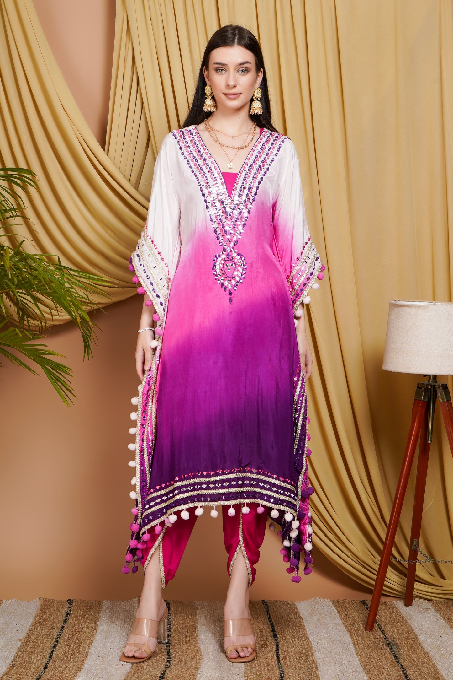 Graceful Pink & Purple Ombre Organza Kaftan Suit with Mirror Work and Pom-Pom Detailing