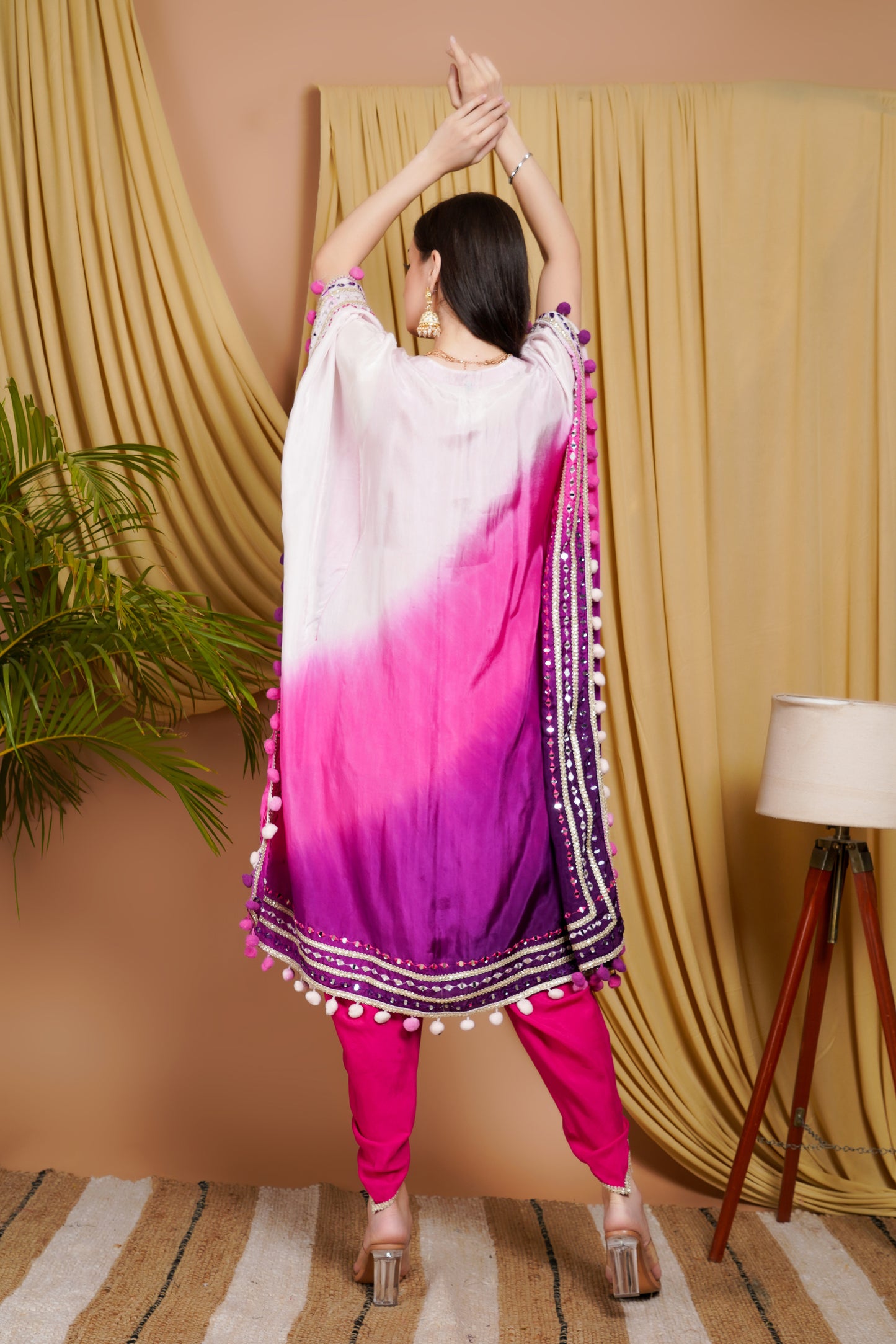 Graceful Pink & Purple Ombre Organza Kaftan Suit with Mirror Work and Pom-Pom Detailing