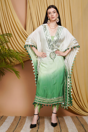 Green & White Ombre Organza Kaftan Suit with Mirror Work and Pom-Pom Detailing