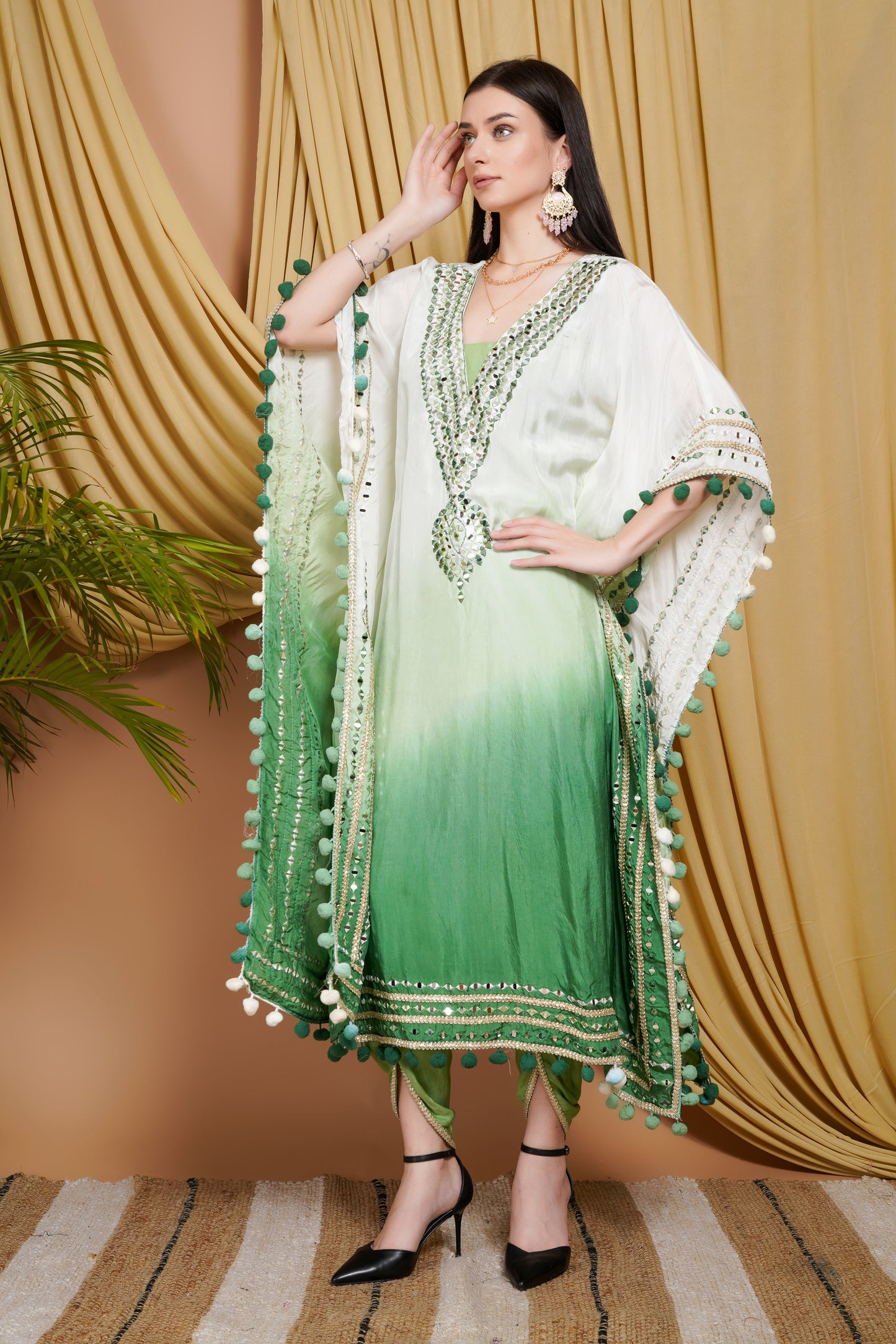 Green & White Ombre Organza Kaftan Suit with Mirror Work and Pom-Pom Detailing