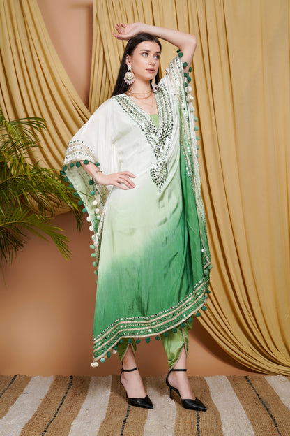 Green & White Ombre Organza Kaftan Suit with Mirror Work and Pom-Pom Detailing