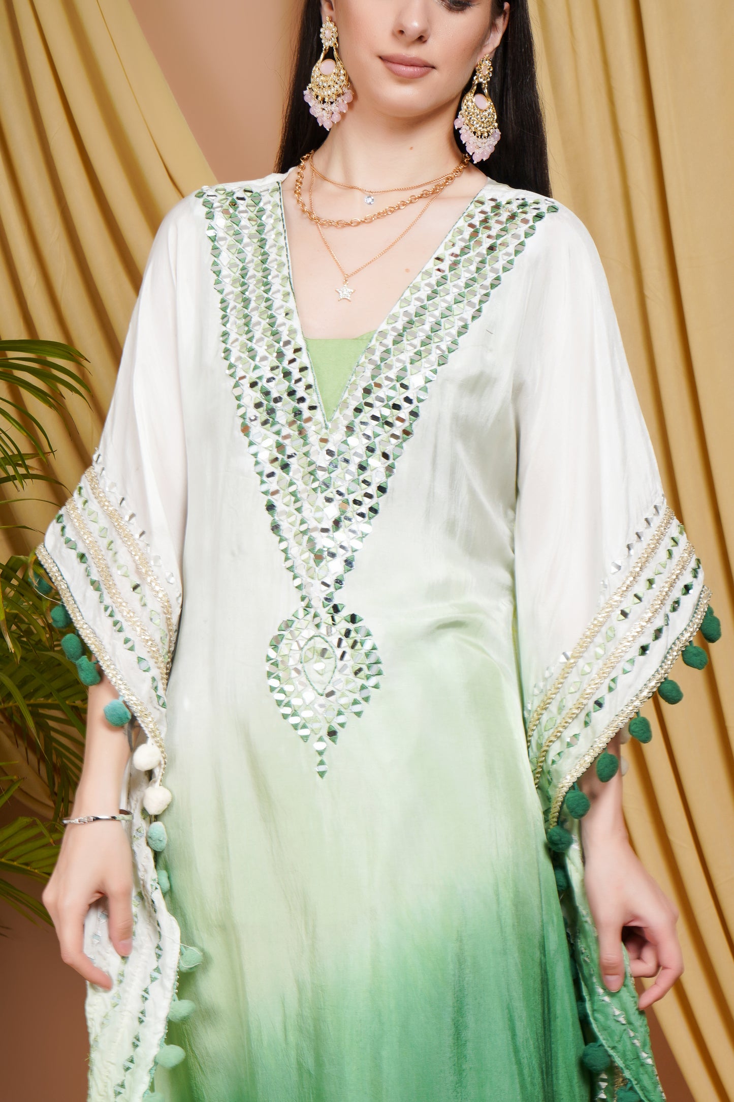 Green & White Ombre Organza Kaftan Suit with Mirror Work and Pom-Pom Detailing