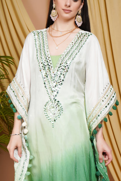 Green & White Ombre Organza Kaftan Suit with Mirror Work and Pom-Pom Detailing