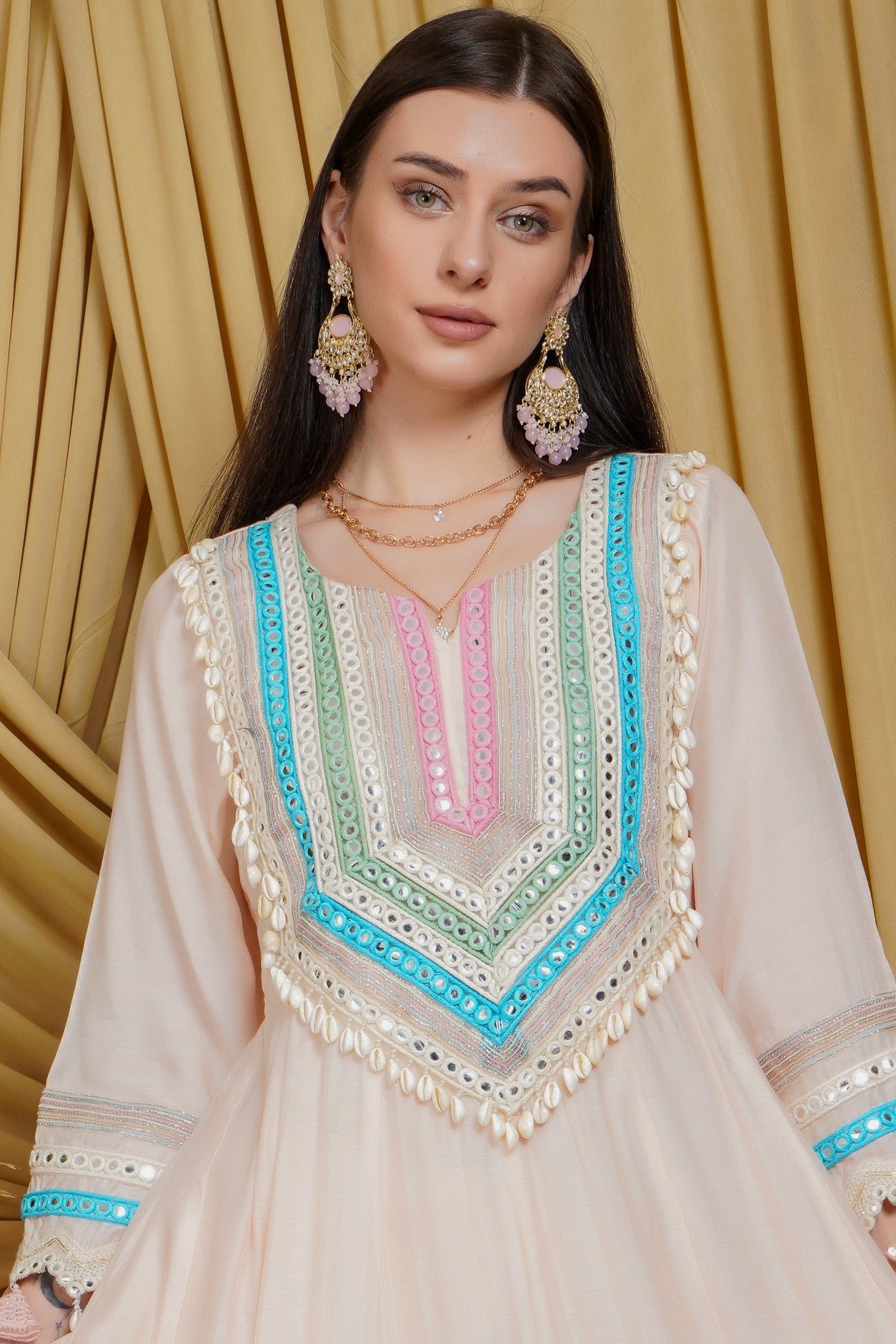 Elegant Peach Organza Embroidered Suit Set with Dupatta & Potli