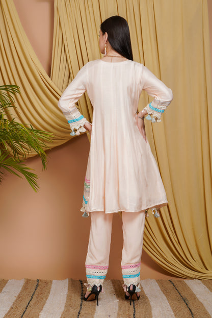 Elegant Peach Organza Embroidered Suit Set with Dupatta & Potli