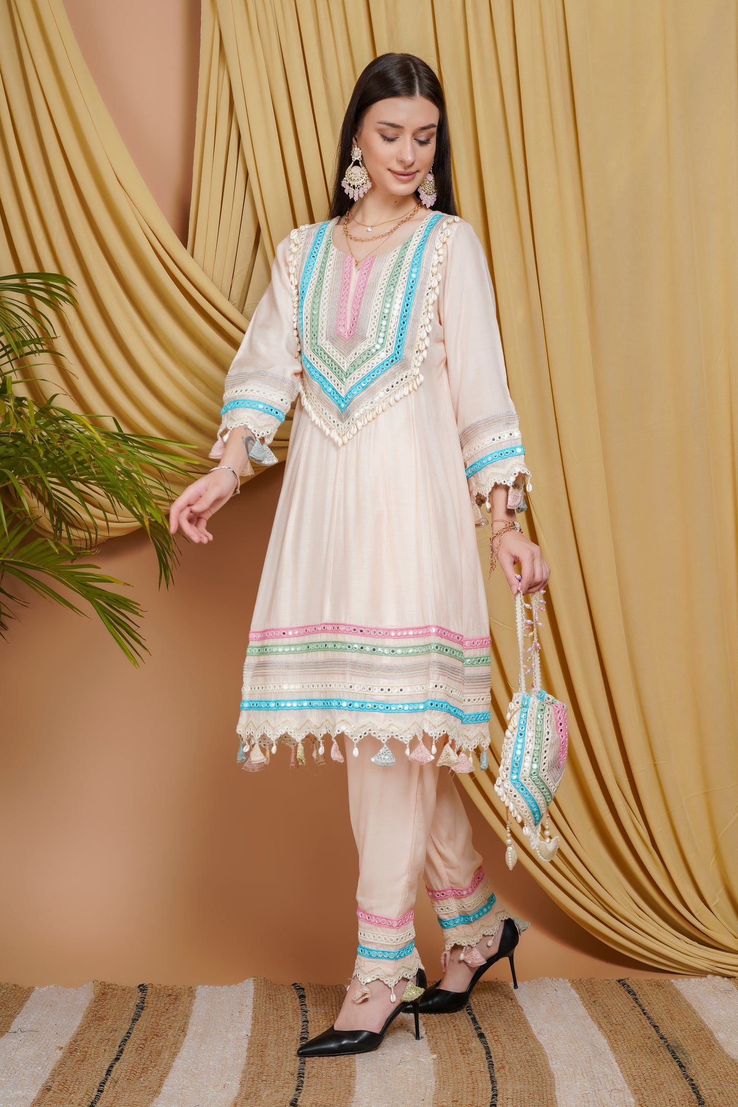 Elegant Peach Organza Embroidered Suit Set with Dupatta & Potli