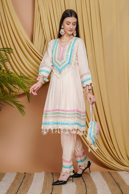 Elegant Peach Organza Embroidered Suit Set with Dupatta & Potli