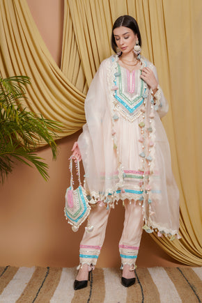 Elegant Peach Organza Embroidered Suit Set with Dupatta & Potli