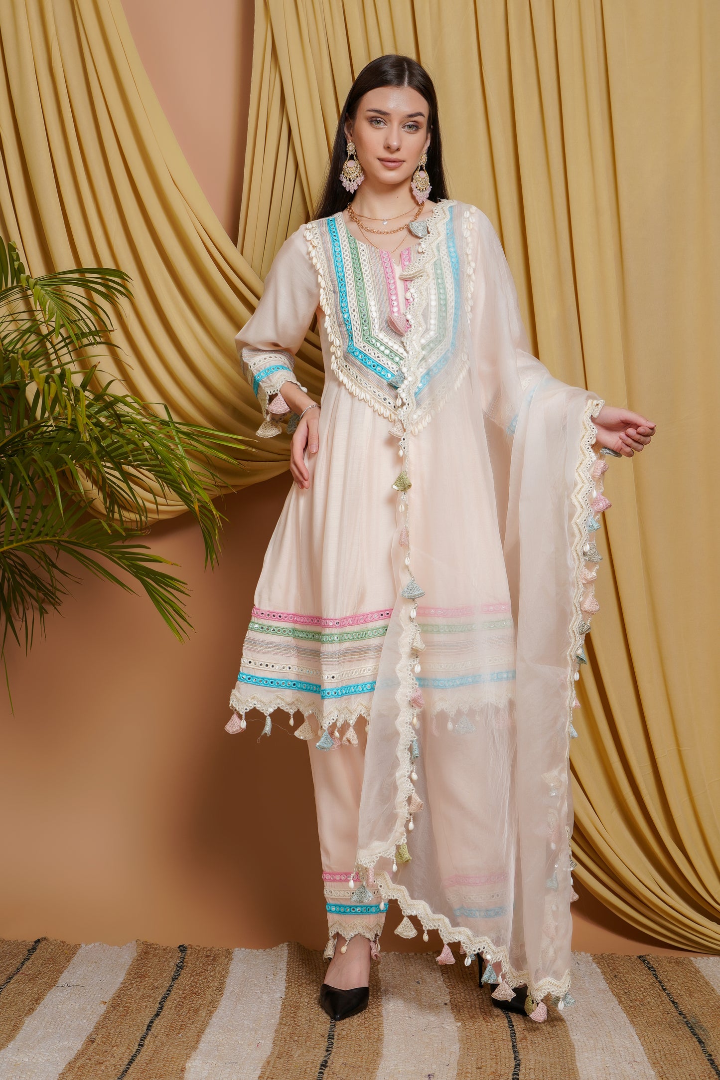 Elegant Peach Organza Embroidered Suit Set with Dupatta & Potli