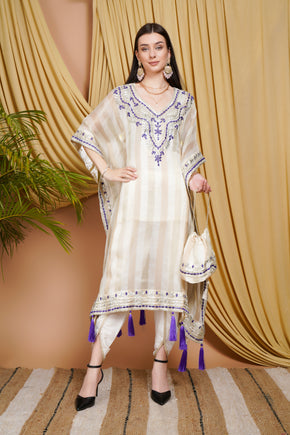 Cream & Purple Striped Organza Kaftan Suit with Mirror Work and Tassel Accents