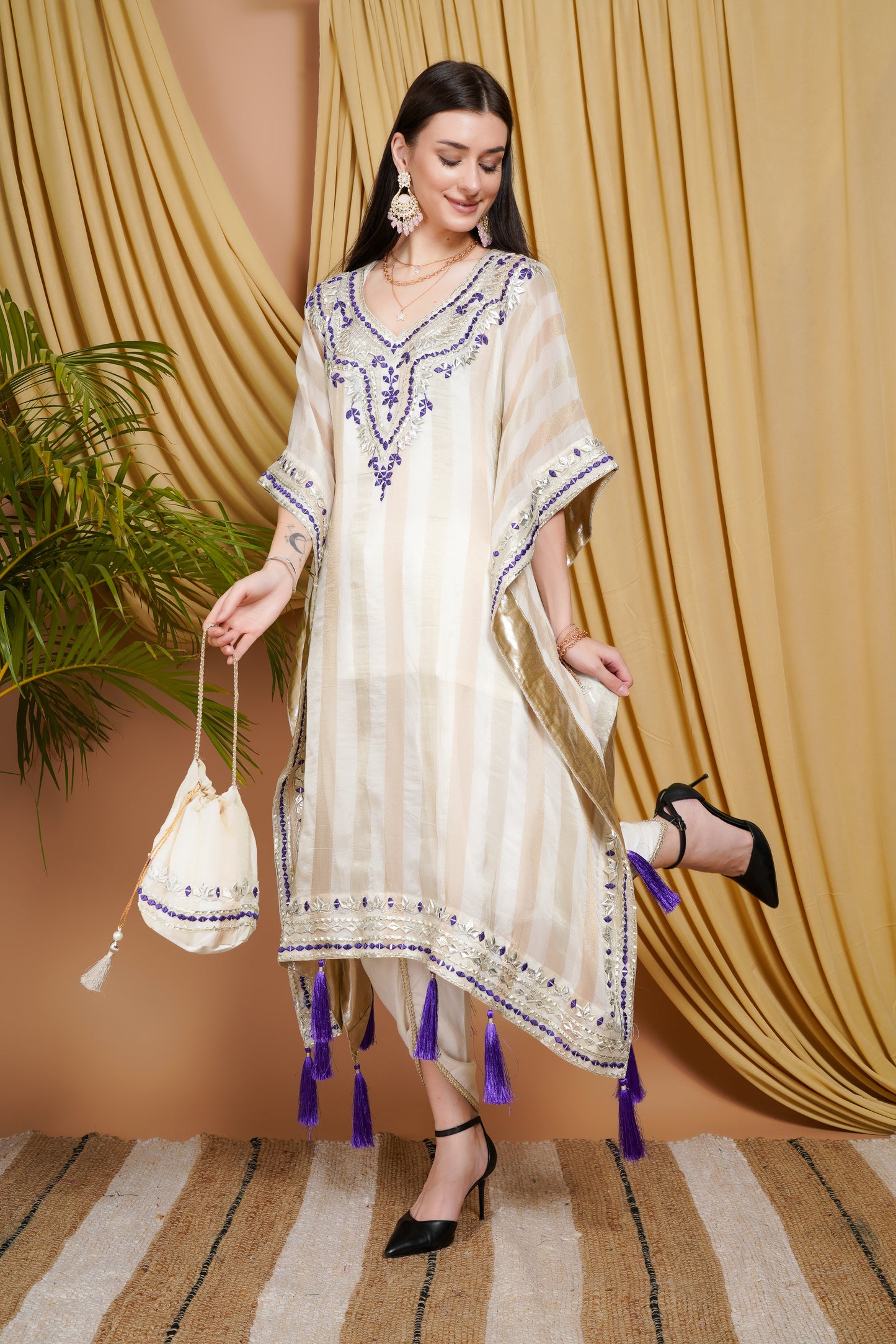 Cream & Purple Striped Organza Kaftan Suit with Mirror Work and Tassel Accents