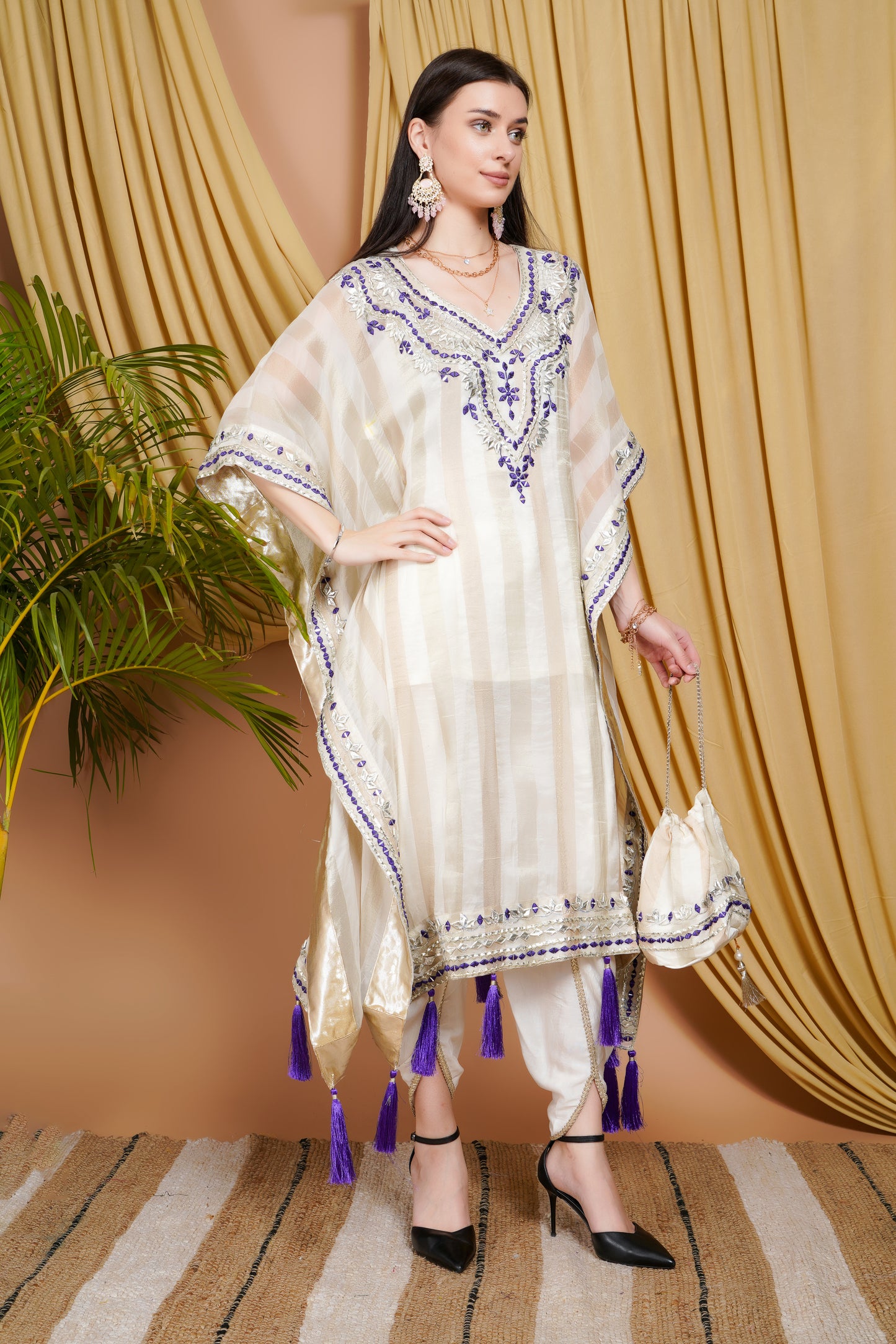 Cream & Purple Striped Organza Kaftan Suit with Mirror Work and Tassel Accents