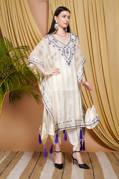 Cream & Purple Striped Organza Kaftan Suit with Mirror Work and Tassel Accents