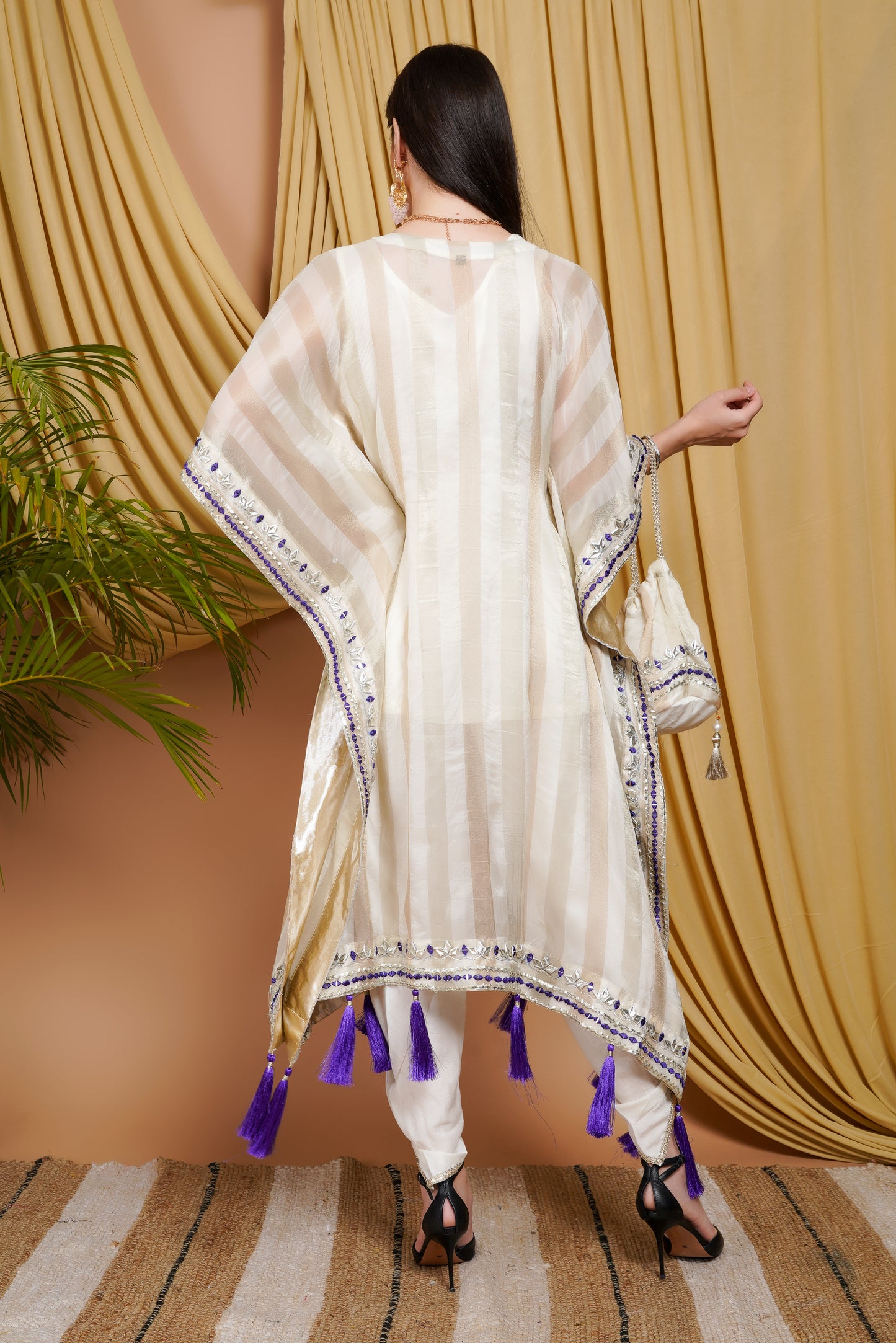 Cream & Purple Striped Organza Kaftan Suit with Mirror Work and Tassel Accents