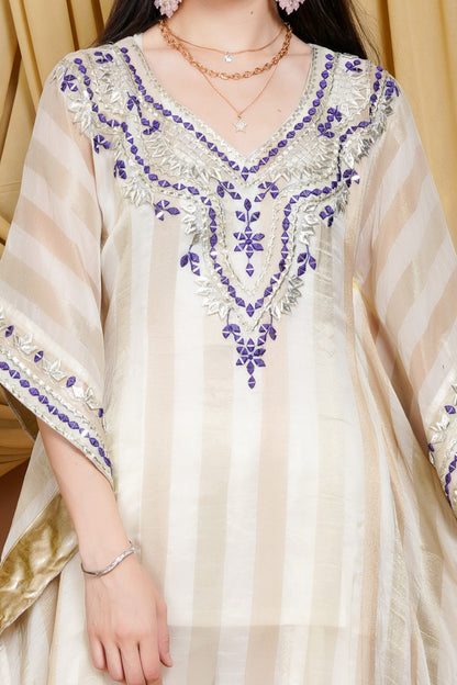 Cream & Purple Striped Organza Kaftan Suit with Mirror Work and Tassel Accents