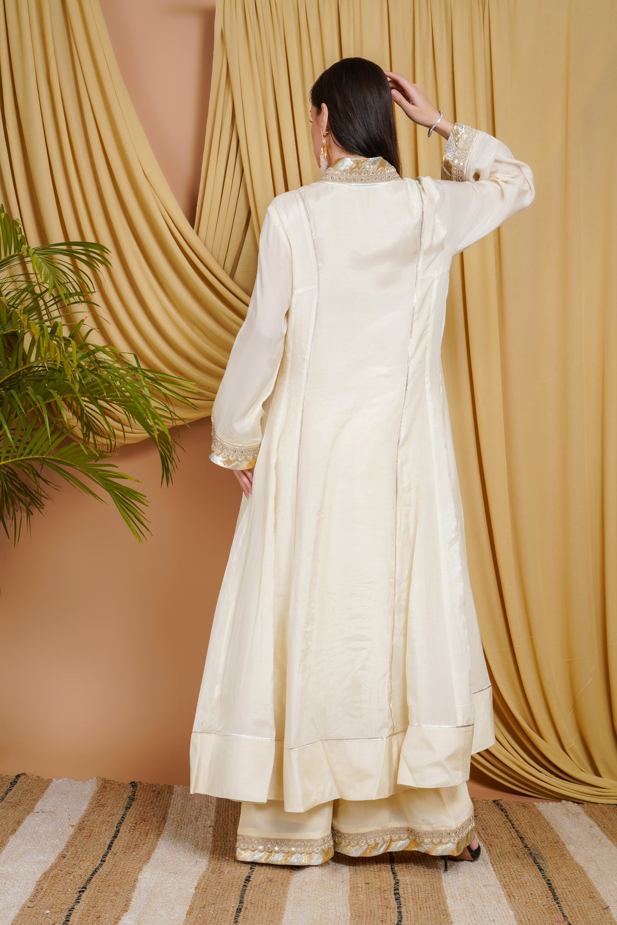 Ivory Cotton Silk Mirror Work Suit Set with Embellished Dupatta & Potli
