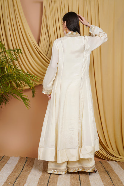 Ivory Cotton Silk Mirror Work Suit Set with Embellished Dupatta & Potli