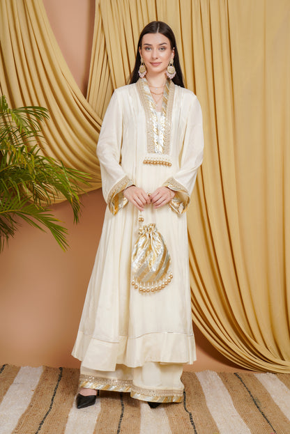 Ivory Cotton Silk Mirror Work Suit Set with Embellished Dupatta & Potli