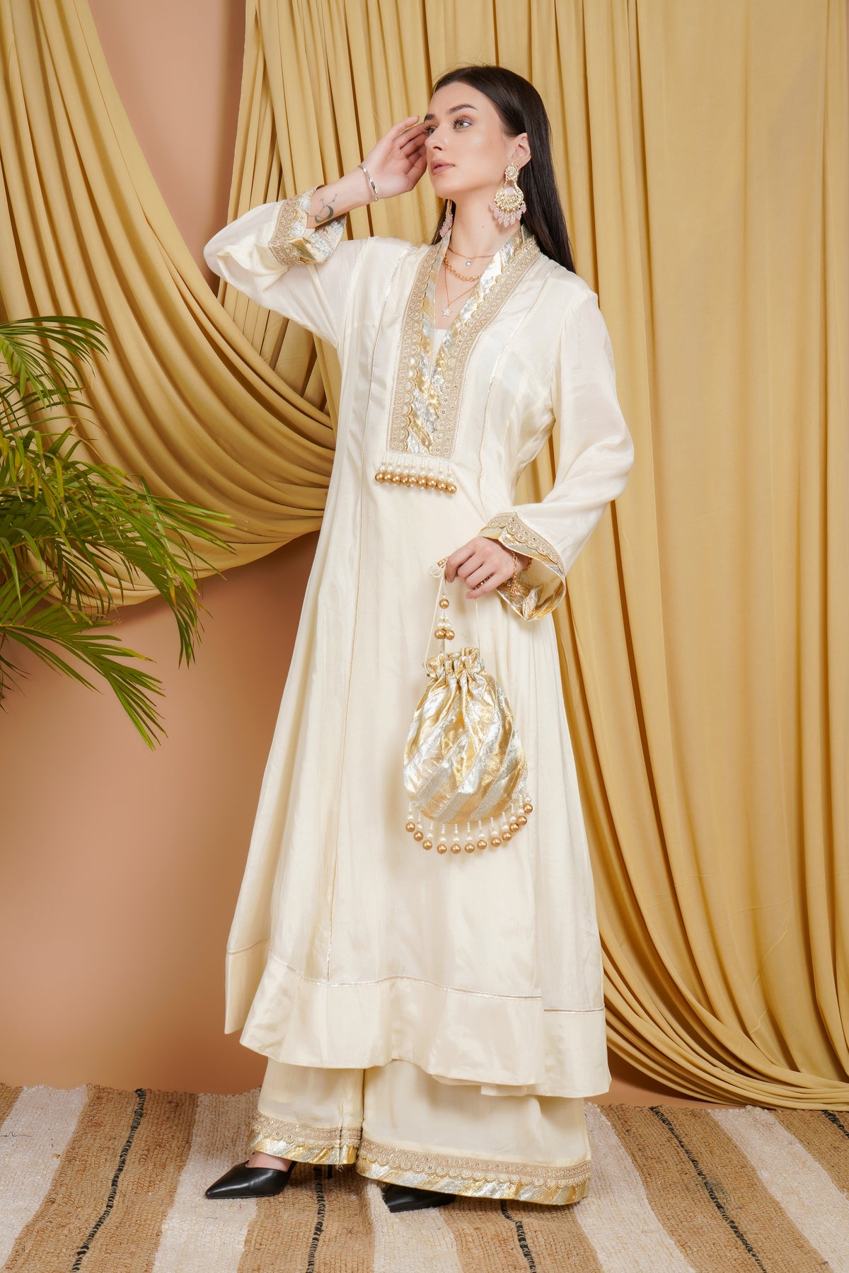 Ivory Cotton Silk Mirror Work Suit Set with Embellished Dupatta & Potli