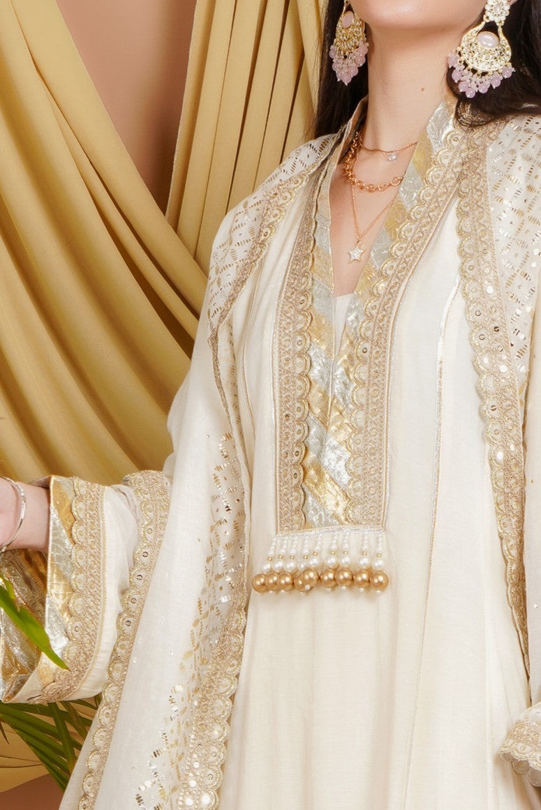 Ivory Cotton Silk Mirror Work Suit Set with Embellished Dupatta & Potli