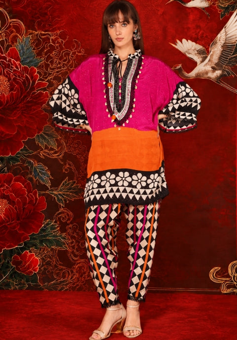 Pink Orange Printed Designer Kaftan Kurta crepe Co-ord Set