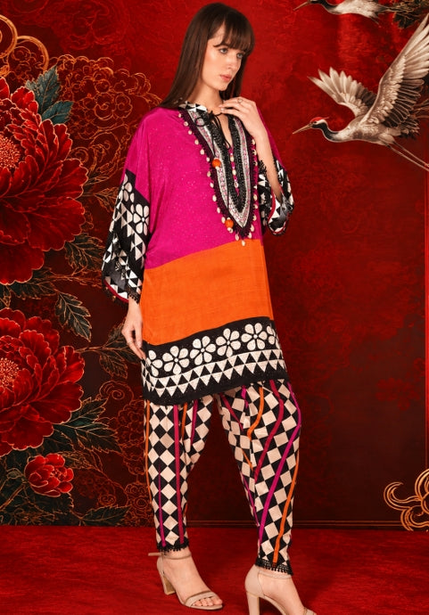 Pink Orange Printed Designer Kaftan Kurta crepe Co-ord Set