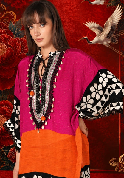 Pink Orange Printed Designer Kaftan Kurta crepe Co-ord Set