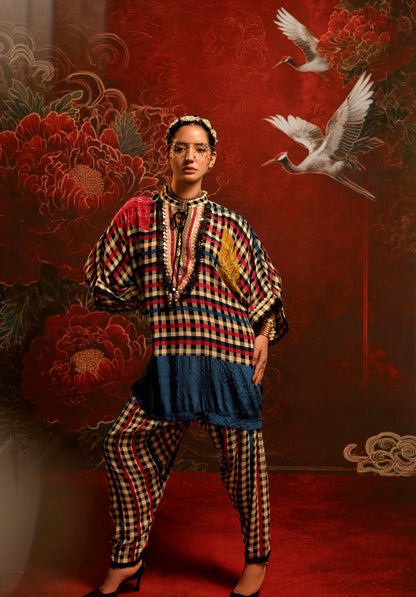 Multicolor Checked Designer crepe Co-ord Statement Sleeve Set