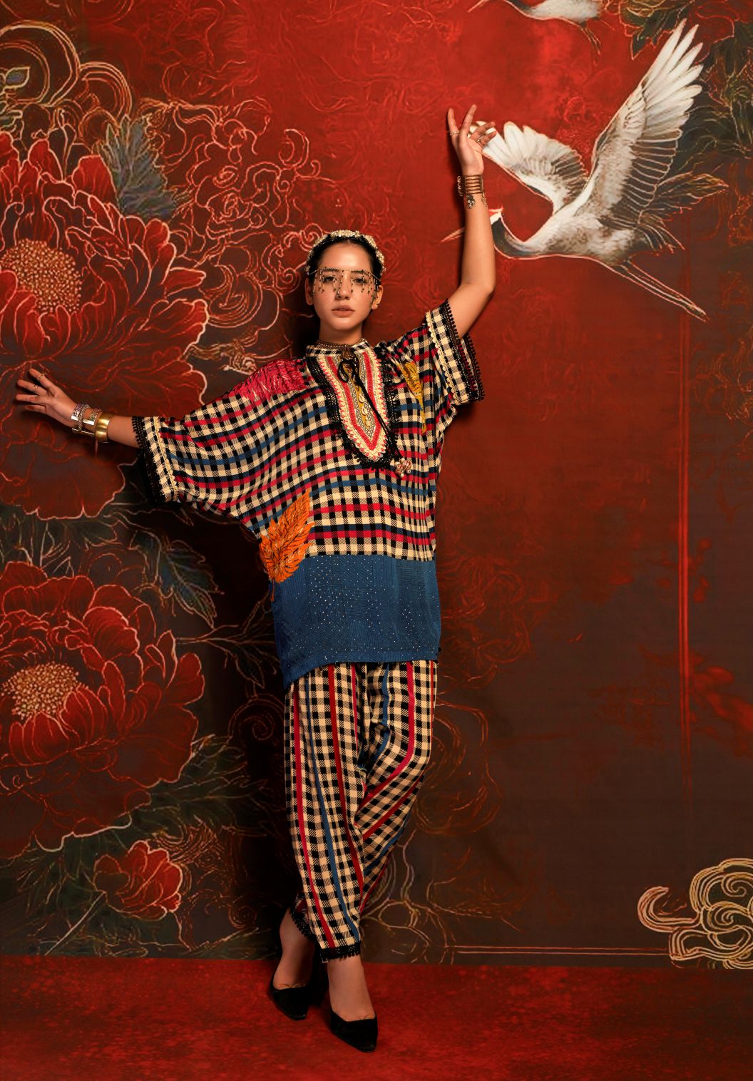 Multicolor Checked Designer crepe Co-ord Statement Sleeve Set