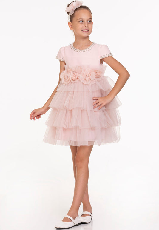 Pastel Pink Tiered Dress for Girls | Elegant Partywear Outfit