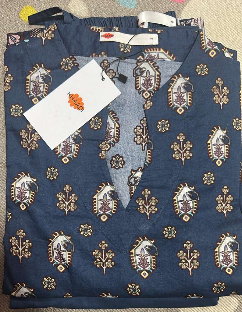 Navy Blue Viscose Silk Co-ord Set with Block Print