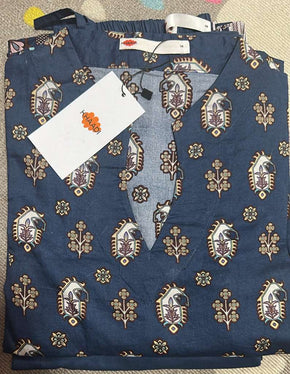 Navy Blue Viscose Silk Co-ord Set with Block Print
