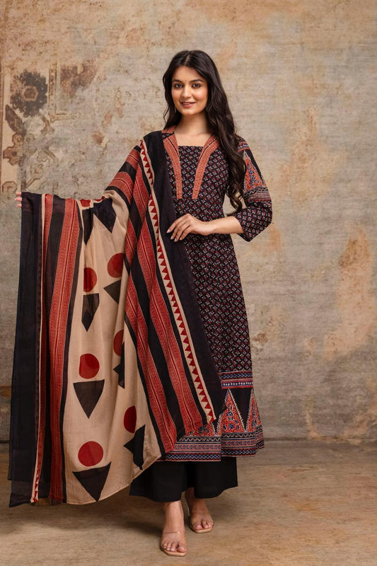 Nazakat Black Printed Cotton Kurta Set with Dupatta for Women