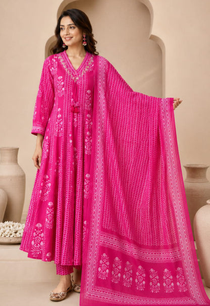 Nazakat Pink Printed Cotton Anarkali Suit Set with Dupatta for Festive Wear