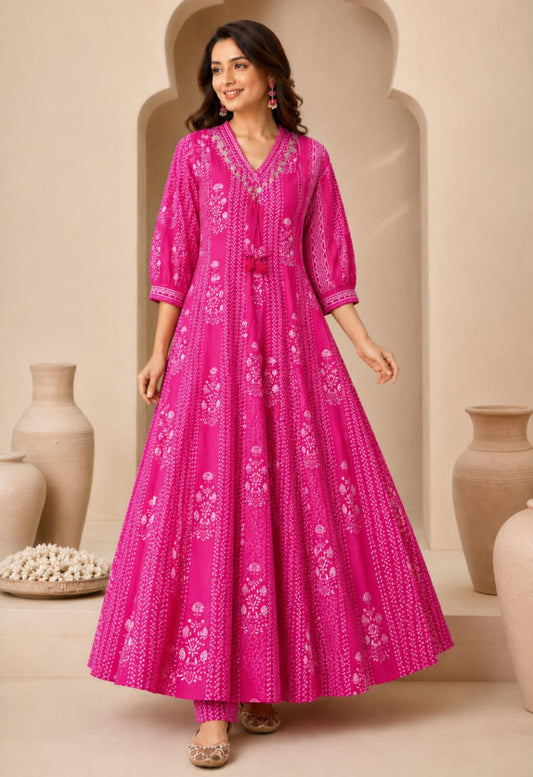 Nazakat Pink Printed Cotton Anarkali Suit Set with Dupatta for Festive Wear