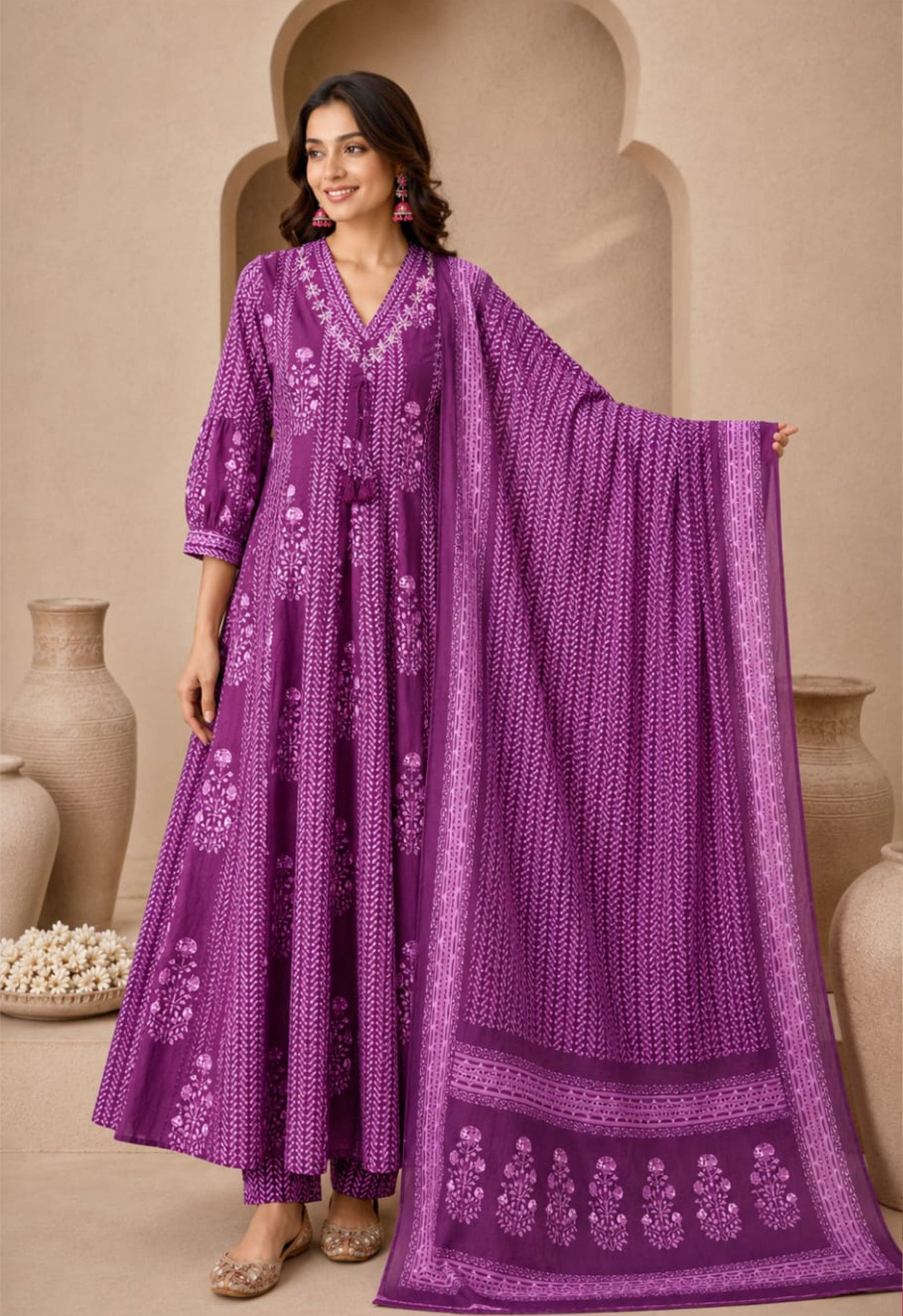 Nazakat Purple Printed Cotton Anarkali Suit Set with Dupatta for Festive Wear