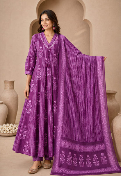 Nazakat Purple Printed Cotton Anarkali Suit Set with Dupatta for Festive Wear
