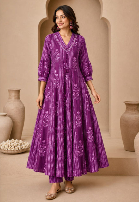 Nazakat Purple Printed Cotton Anarkali Suit Set with Dupatta for Festive Wear